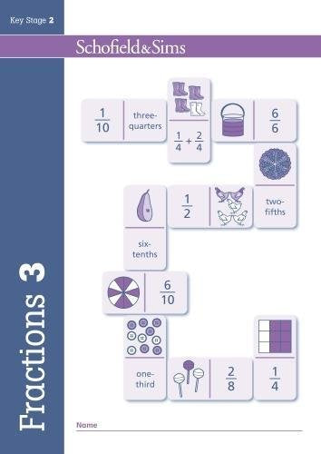 "Maths worksheet with fraction cards, diagrams, and numbers, titled 'Fractions 3'."