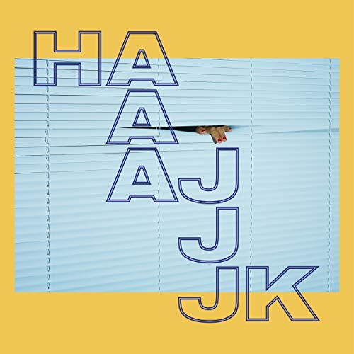 "Album cover with 'HAJJK' text overlaying a hand holding a paintbrush through blinds."