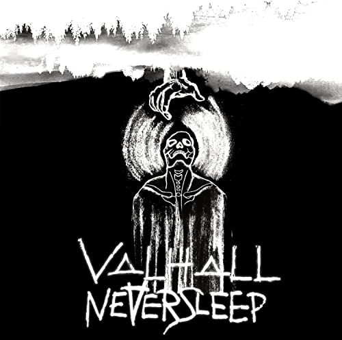 Black and white album cover with a skeletal figure and text "Valhall Neversleep".