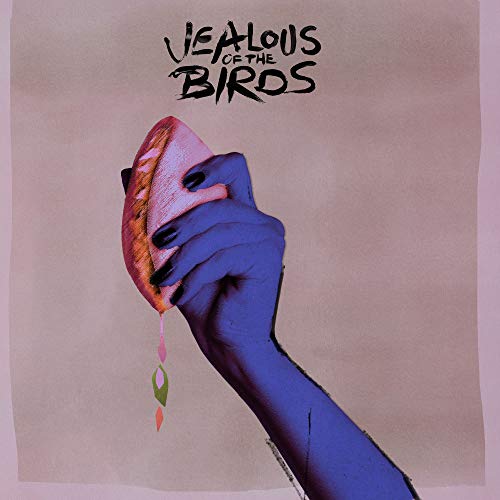 "Album cover with blue hand holding a moth with dripping liquid, on mauve background."