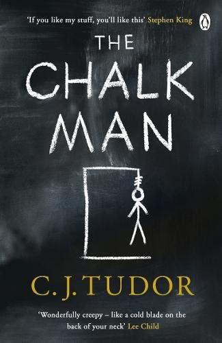 "Book cover of 'The Chalk Man' by C.J. Tudor with chalk-drawn figure on blackboard."