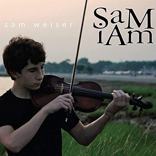 CD cover: young man playing violin at sunset over water.