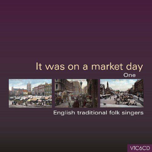 "CD cover with three vintage market scenes and text on a purple background."