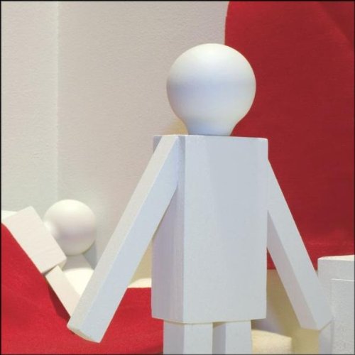 White abstract figures against a red and white background.