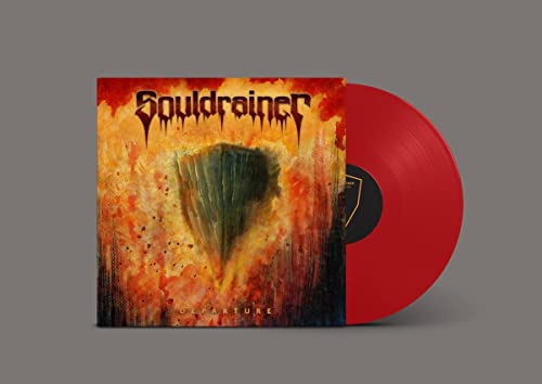 Red vinyl record with album cover featuring fiery, abstract artwork.