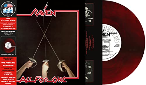 Black and red vinyl record for Raven’s “All For One” album.