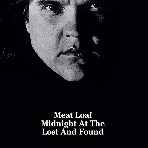 "Black and white album cover with a close-up of a man's face and the text 'Meat Loaf Midnight At The Lost And Found'."
