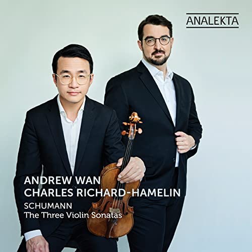 CD cover featuring two men and a violin, promoting Schumann’s sonatas.