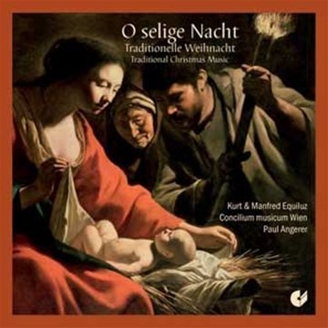 "CD cover art: Nativity scene painting with red border and text overlay."