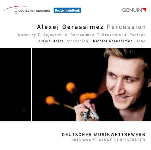 Alexej Gerassimez holding mallets, with a blurred percussion instrument, on a music CD cover.