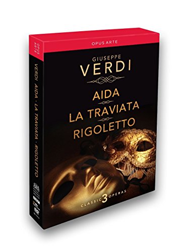 "Black DVD box set with gold masks and red top, featuring Verdi's operas."