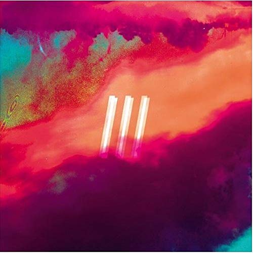 Abstract colorful album cover with three vertical white lines.