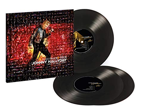 Johnny Hallyday on stage, singing into a microphone, surrounded by a collage of audience.