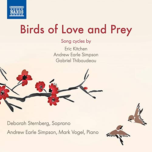 "Album cover with beige background, red flowers, and brown birds in flight."