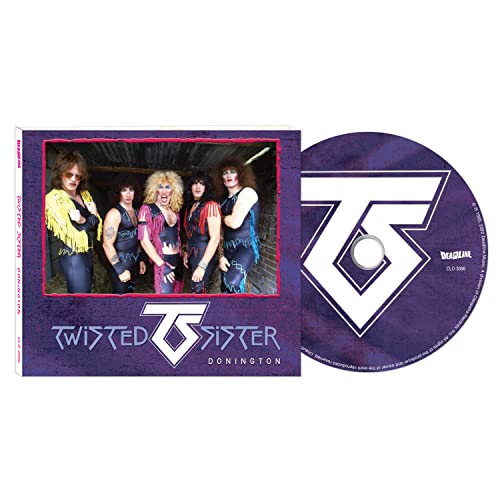 Twisted Sister "Donington" CD case and disc with band image.