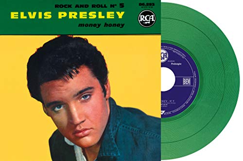 Elvis Presley’s “Rock And Roll No. 5” vinyl record cover with his portrait.
