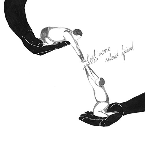Black and white sketch of figures held in large hands, album art.