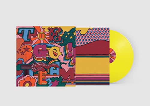 Colorful vinyl record and album cover with psychedelic floral and text designs.