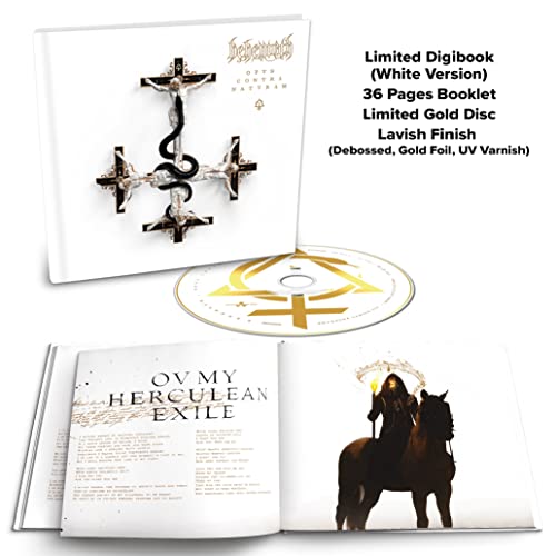 White digibook CD for Behemoth’s “Opvs Contra Natvram” with artwork and gold disc.