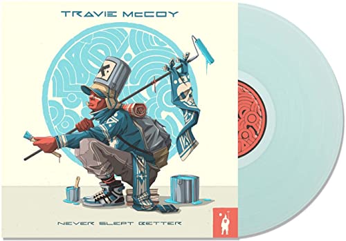 Orange vinyl record with illustrated cover of a painter character.