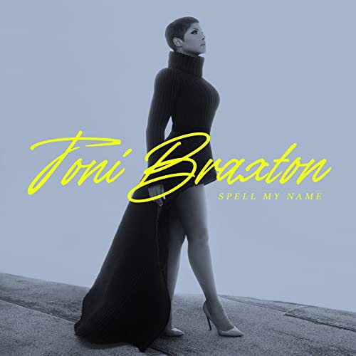 Toni Braxton album cover, Spell My Name, featuring Braxton in a black dress.