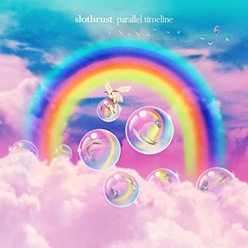 Album cover: rainbow, bubbles, and birds among fluffy pink clouds.
