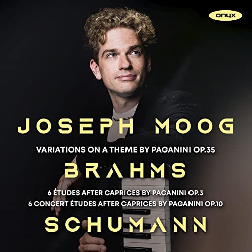 CD cover featuring pianist Joseph Moog, text listing composers Brahms and Schumann.