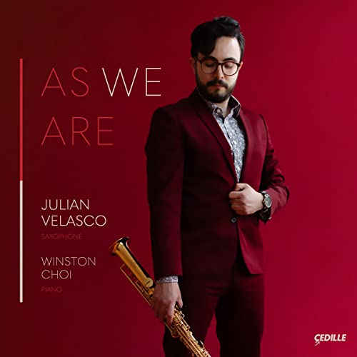 CD cover: Julian Velasco with saxophone, red background, text "As We Are".