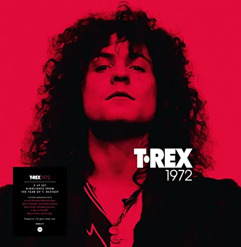 T. Rex album cover: Marc Bolan portrait with red background.