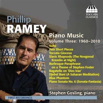 CD cover featuring Phillip Ramey's portrait, piano music titles, and a piano graphic.