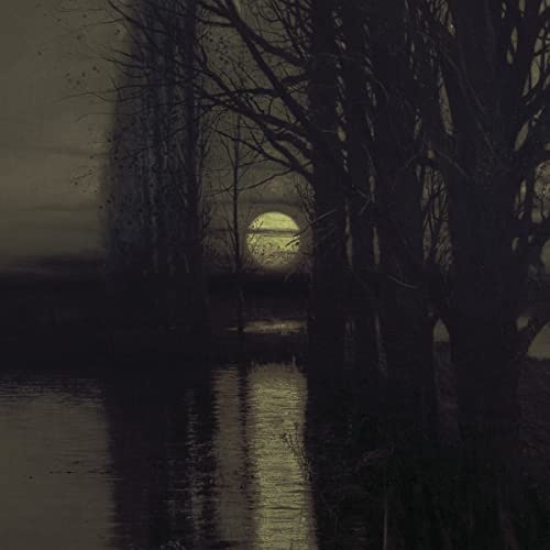 Dark landscape with bare trees and a bright, circular moon.