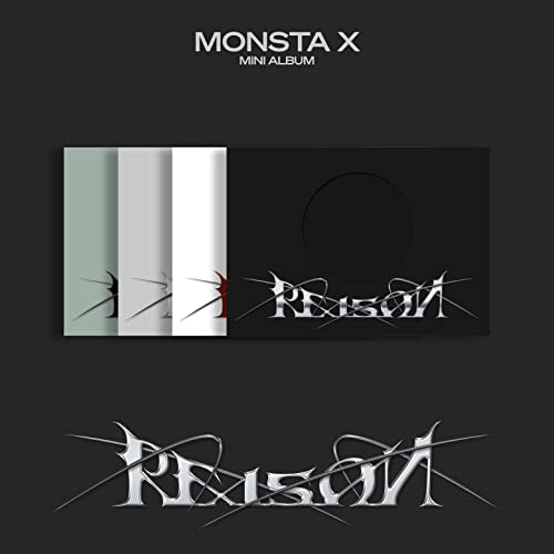 Monsta X “Reason” album cover: black background with abstract white and red design.