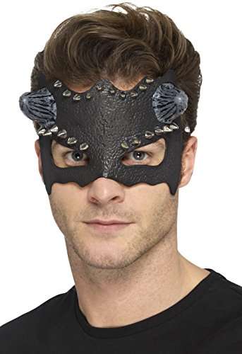 Man wearing a black leather devil mask with horns and metal studs.
