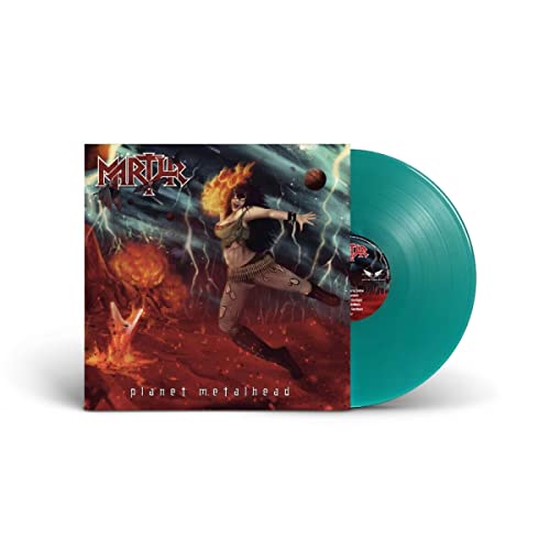 Vinyl record with album cover depicting a woman and fiery planet scene.