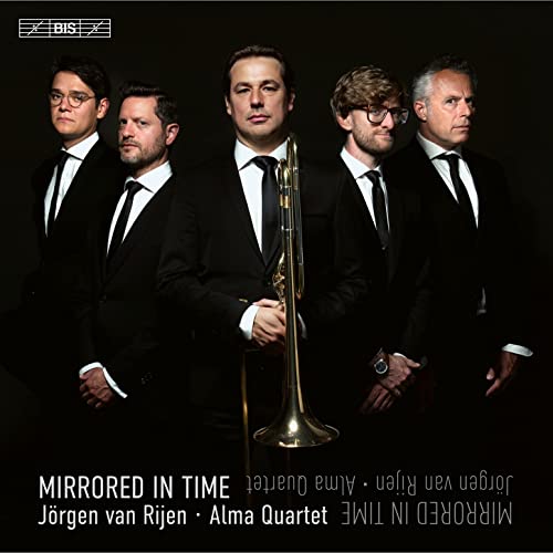 Five formally dressed musicians with a trombone, album cover art.