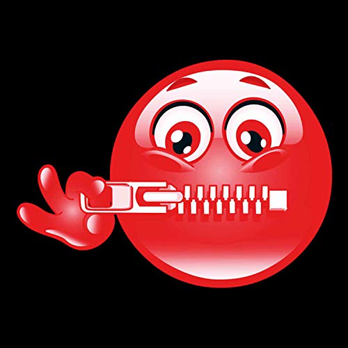 Red smiley face with a zipper over its mouth, labeled "Top Secret".