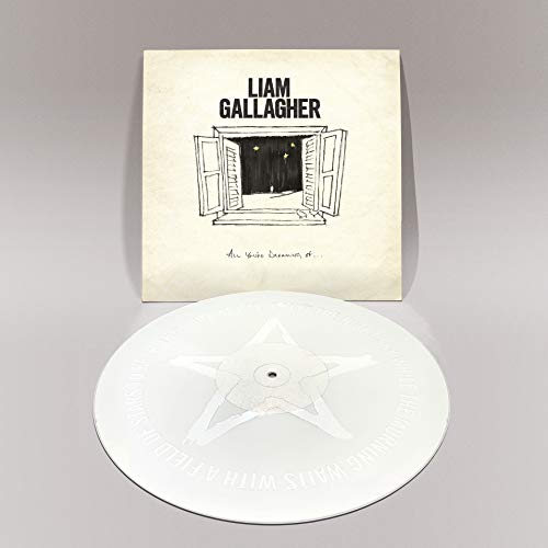 "Album cover with sketch of open window and stars, Liam Gallagher's name above."