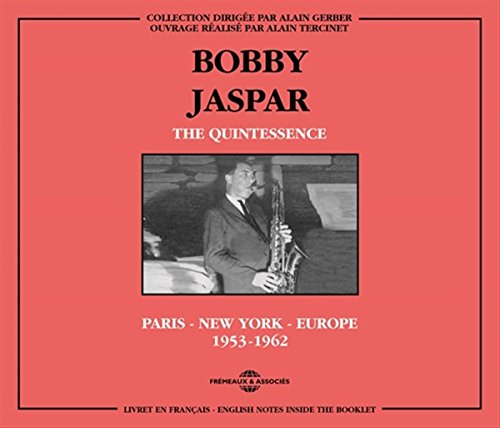 Red album cover with black border, featuring a black-and-white photo of a man playing saxophone.