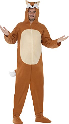 Man wearing a brown fox onesie costume with a hood and white belly.