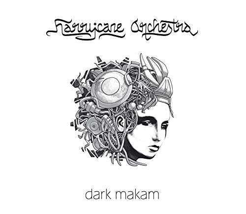 The image is a black and white album cover featuring a woman's face with mechanical elements.
