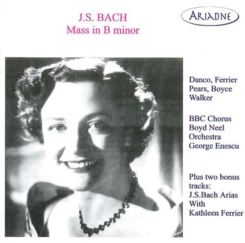 CD cover for Bach's Mass in B minor featuring Kathleen Ferrier's portrait.