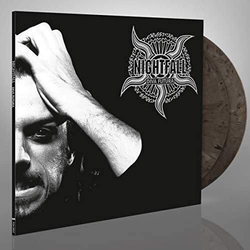 Vinyl record cover featuring a black and white portrait and marbled vinyl.