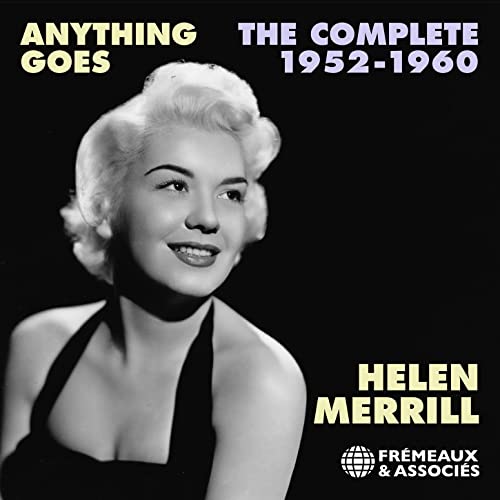 Black and white portrait of Helen Merrill on a black album cover.