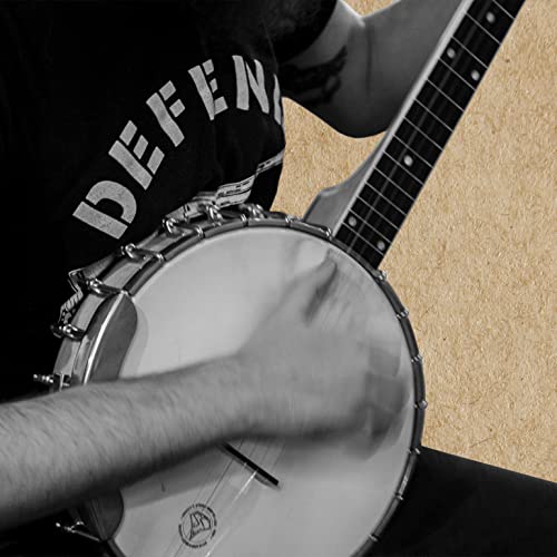 Close-up of a person playing a banjo, black and white image.