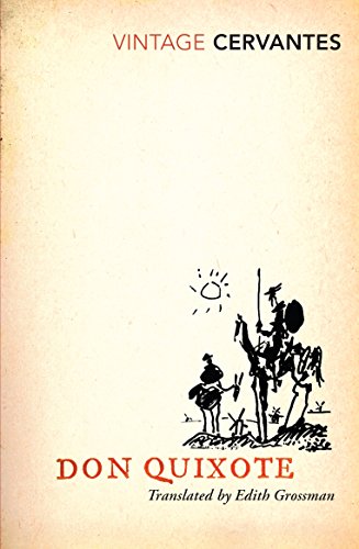 "Book cover with illustration of Don Quixote and Sancho Panza, aged parchment background."