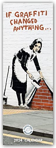 Banksy calendar featuring a maid painting over graffiti on a brick wall.