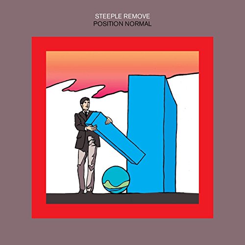 Album cover with man removing part of a blue structure, surrounded by red border.