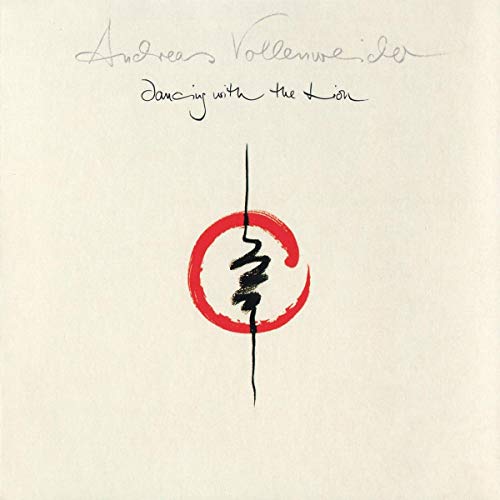 "Album cover with beige background, red circle, and black squiggly line, artist's name written above."