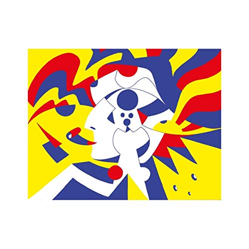 Abstract album art with a white poodle and red-lipped face on yellow.