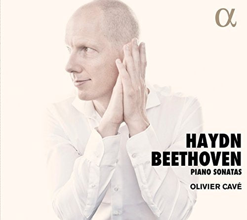 CD cover featuring a man in a white shirt, with text "Haydn Beethoven Piano Sonatas Olivier Cave".